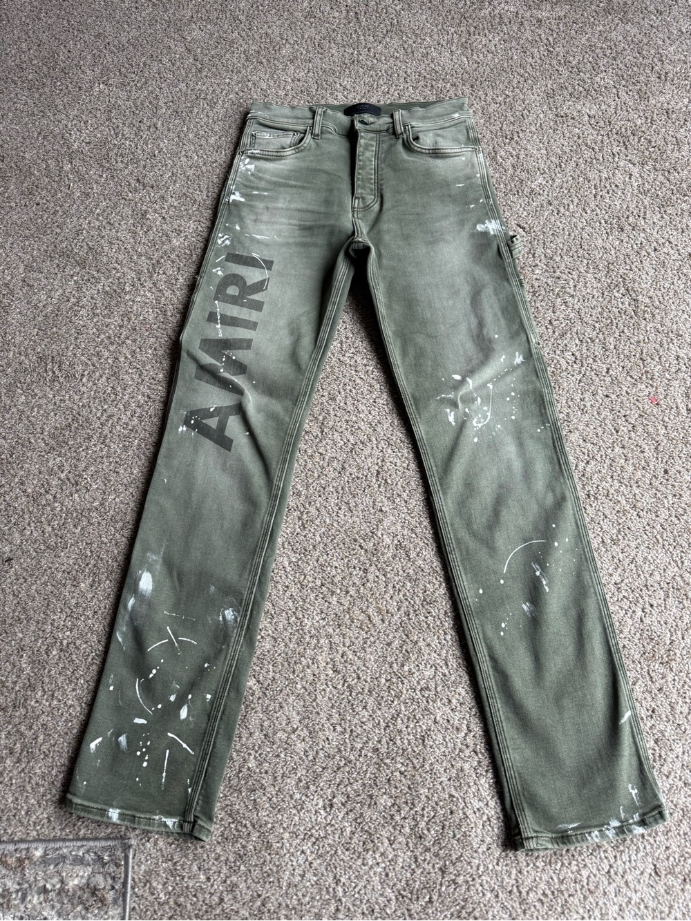 AMIRI Olive Green Straight Jeans with Branded Side Print